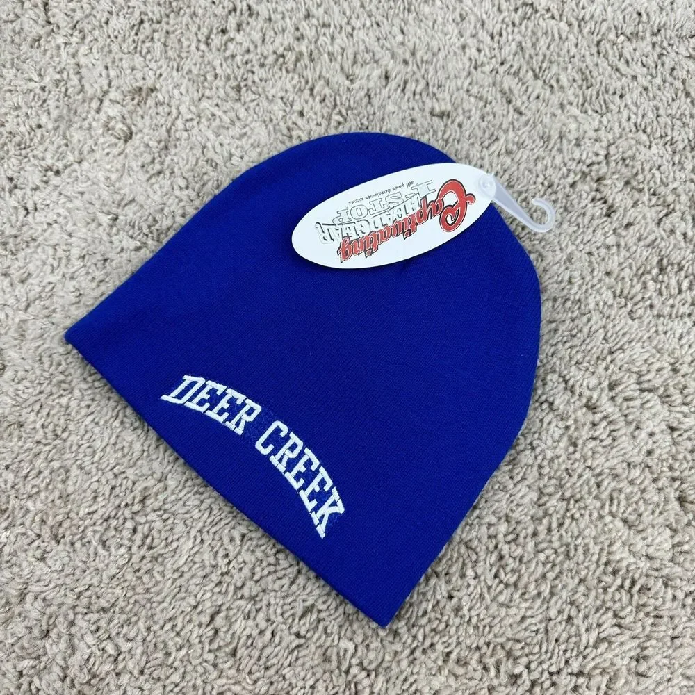 Deer Creek Antlers Beanie Royal Blue Arched White Spellout Cuffless Knit Cap NWT